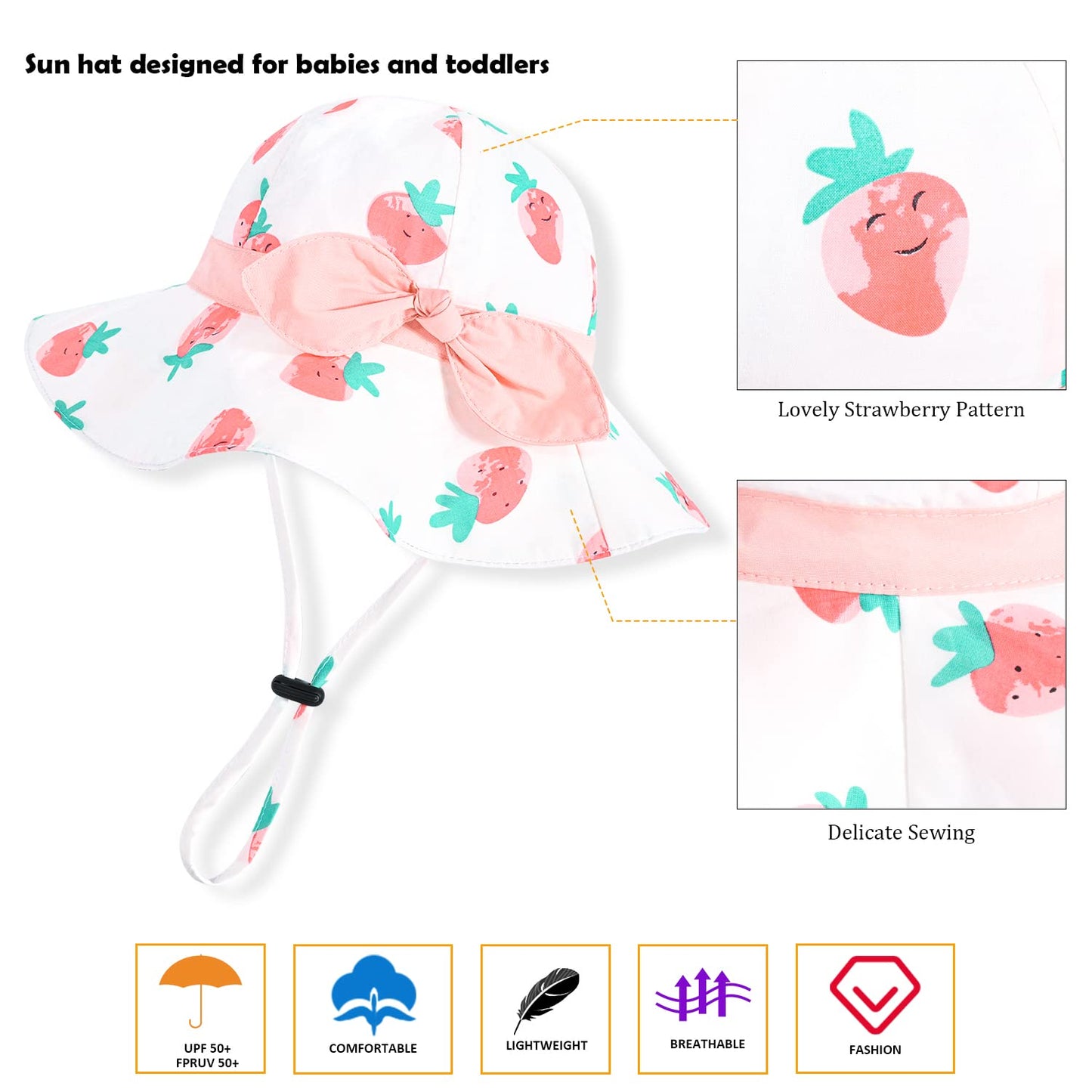 Baby Girl Sun Hat With Upf 50+ Outdoor Adjustable Beach Hat With Wide Brim Bucket Hats (6-12 Months, Strawberry -Pink)
