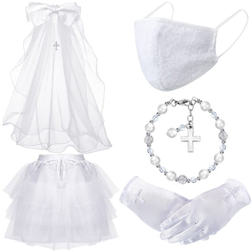 Unittype 5 Pcs First Holy Communion Set For Girls 1St Communion Accessories Headpiece With Veil Gloves Cross Pearl Bracelet, Com
