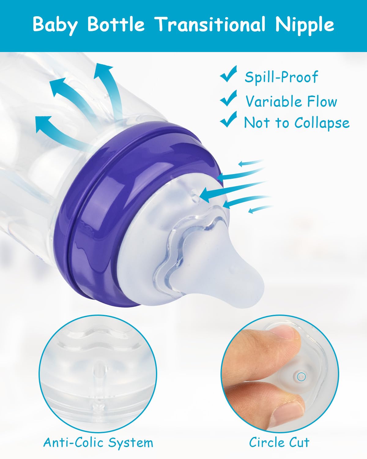 Silicone Nipple for Lansinoh Anti-Colic Baby Bottle, Fast Flow, Size L, 6m+, 6 Count
