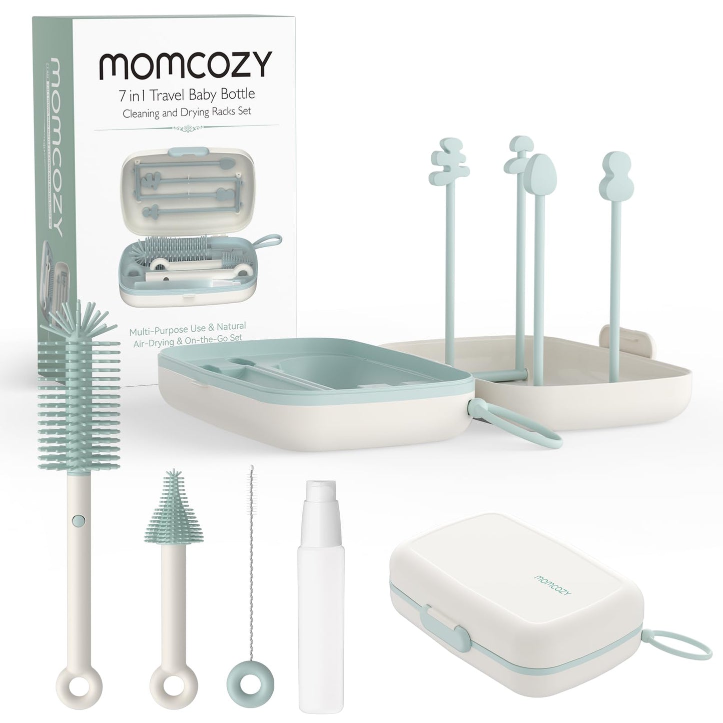 Momcozy Bottle Brush Set - Baby Bottle Cleaner Kit With Silicone Nipple Straw Brush, Soap Dispenser, Drying Rack - 7 In 1 Bottle