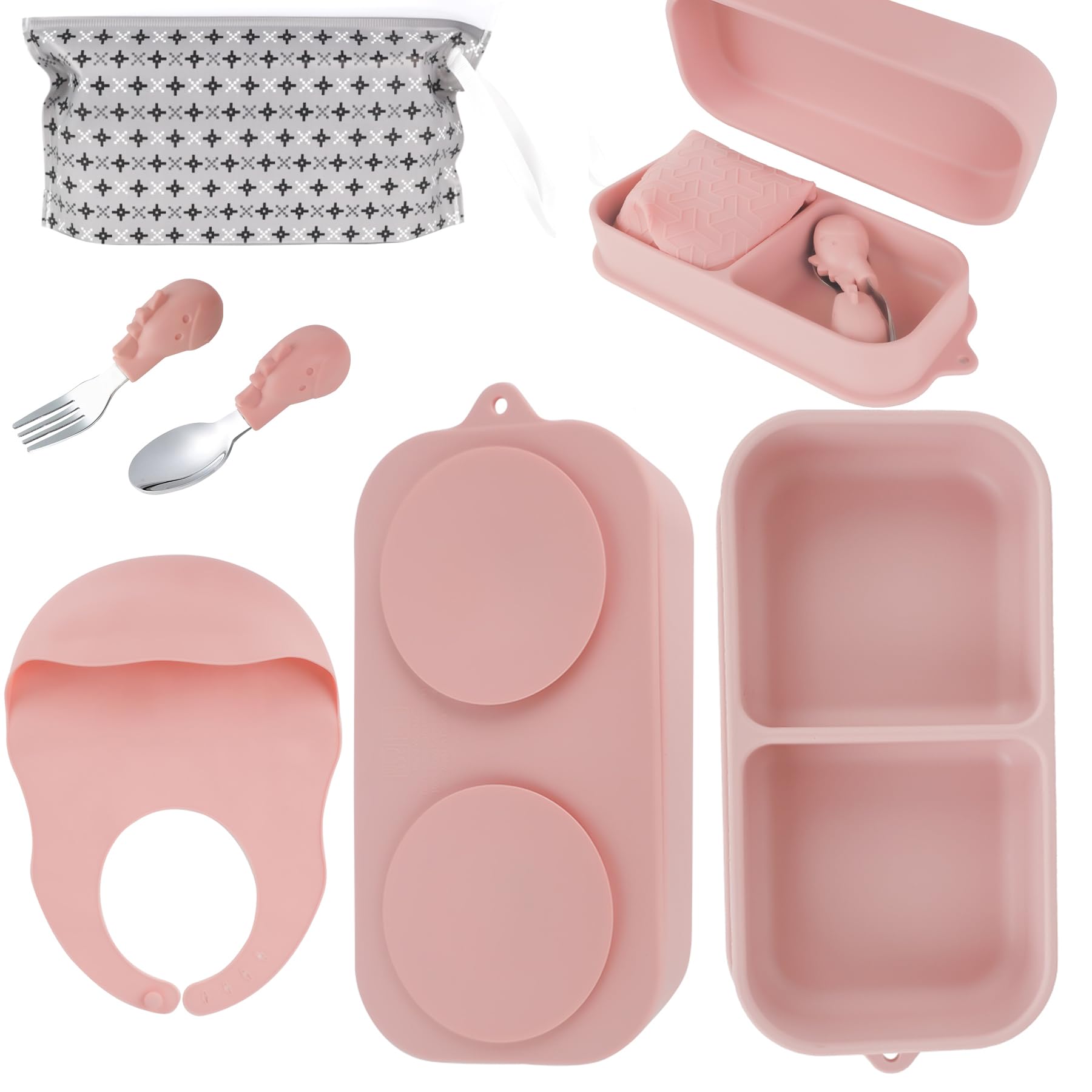 Travel Silicone Baby Feeding Set with 316 Stainless Steel Spoon & Fork,Silicone Suction Plates, Foldable Bib, Storage Bag - Port