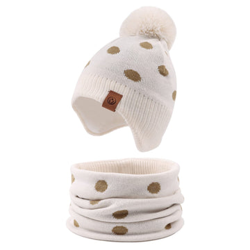 Jangannsa Knitted Baby Hat Scarf Set Winter Warm Boys Girls Beanie Fleece Lining Toddler Kids Hats With Pompom (Beige Dots(Hat+S