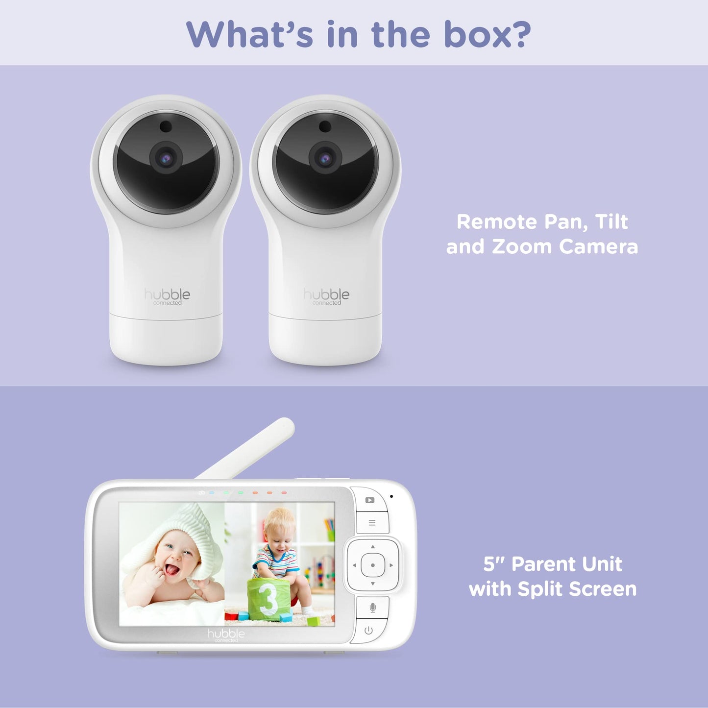 Hubble View Pro Twin 5' Video Baby Monitor With Camera And Audio, Nightvision Baby Monitor With 2 Cameras Split Screen & Pan Ti