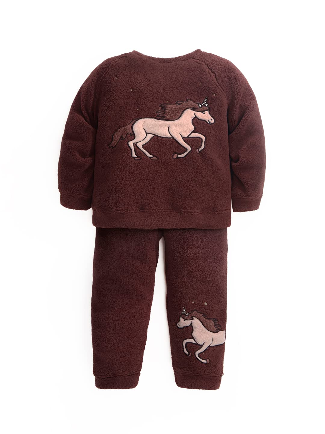 Cherry Crumble Rose Brown Solid Sherpa Full Sleeves Round Neck Night Wear Smart Fit Applique Winter Nightsuit for Girls