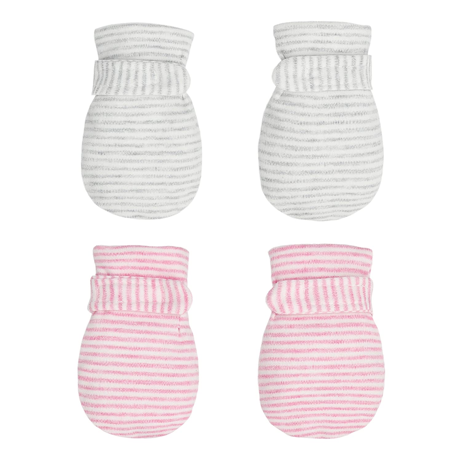 Newborn Baby No Scratch Mittens Stay On, 100% Cotton Breathable, Adjustable Infant Gloves For Baby Boys Girls Mittens (Pink/Gary