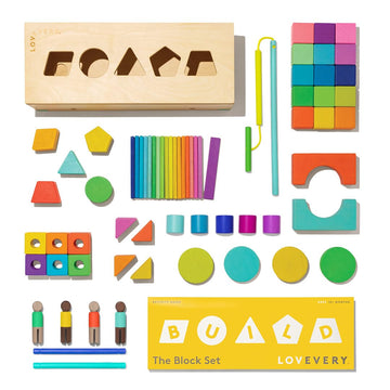 LOVEVERY | The Block Set | Solid Wood Building Blocks and Shapes + Wooden Storage Box, 70 Pieces, 18 Colors, 20+ Activities, Tod