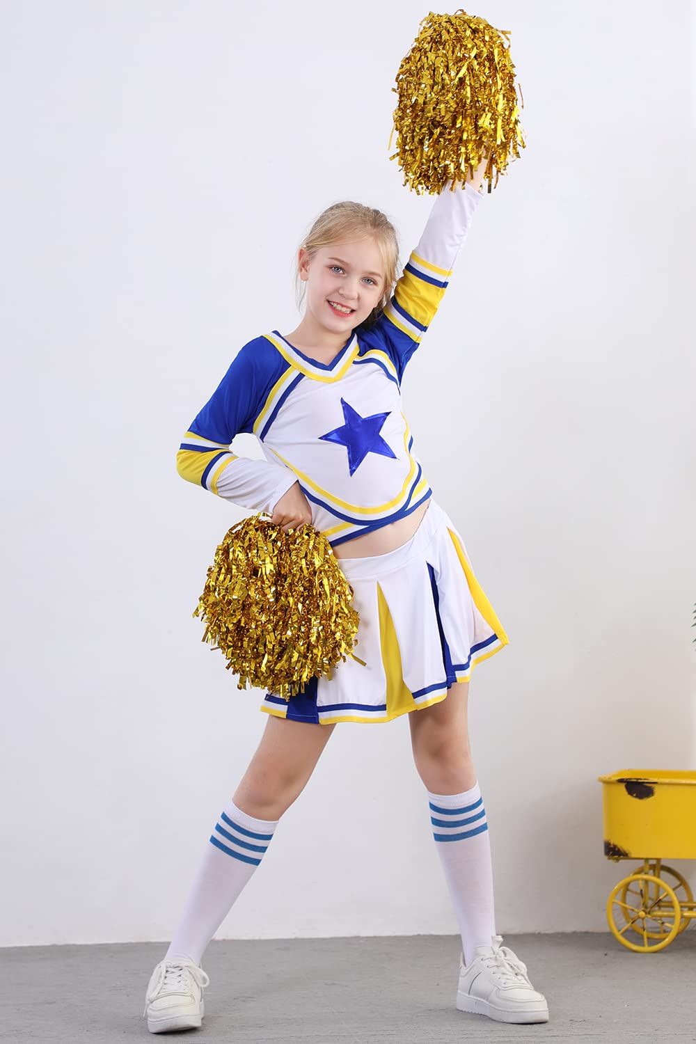 Lontakids Cheerleader Costume For Girls Cheerleading Uniform Dress Outfit With Stockings 2 Pom Poms (Blue, 160/11-12Years)