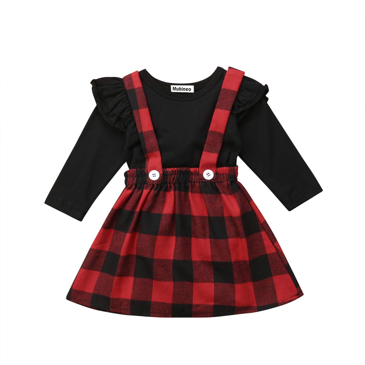 Mubineo Toddler Baby Girl Infant Plain T Shirts Plaid Overall Skirt Set Cotton Outfits (Black+Red, 2-3T)