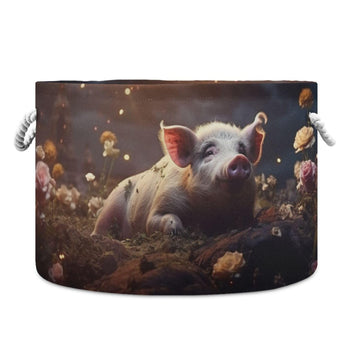 Canvas Storage Organizer Bin, Pig (2) Storage Basket Laundry Hamper with Handle for Clothes Playroom Decor, Large, 20 in Diamete