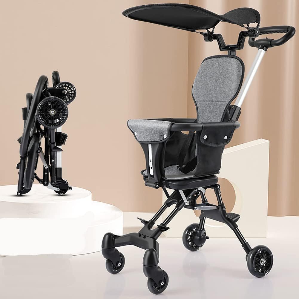 EGNORE Foldable Baby Stroller with Canopy, 4Wheel Compact Kids Pushchair with Safety Harness, Adjustable Seat & Footrest, Light