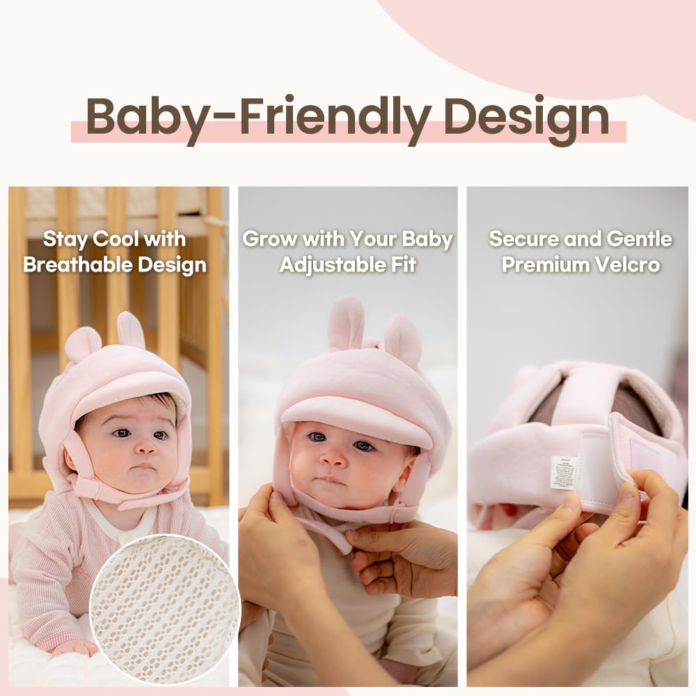 Organic Baby Head Protector- Baby Helmet Gots Certified Cotton, Bunny, Adjustable & Ultra-Lightweight Head Protector For Crawlin
