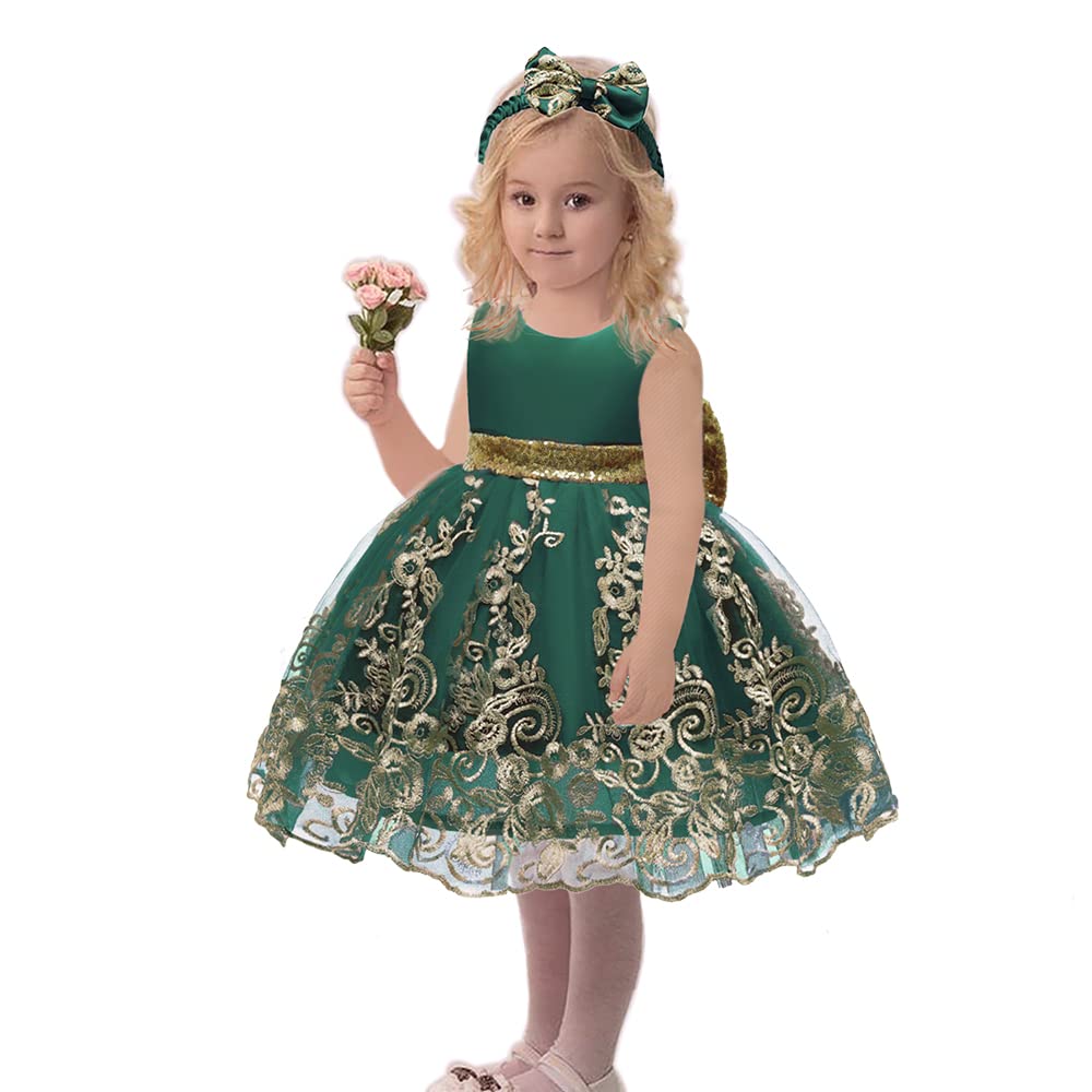 Baby Girls Embroidery Lace Dresses Toddler Ruffles Infant Easter Tutu Birthday Dress With Headwear (Dark Green,70)