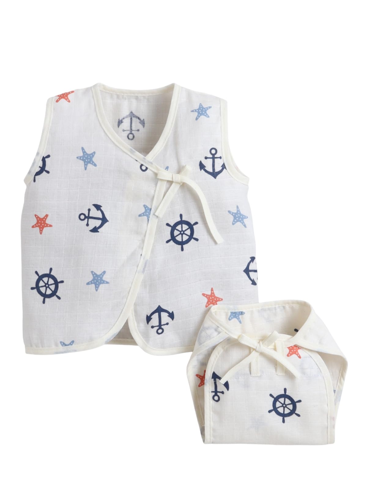 Little Angels Newborn Baby Muslin Cotton Jhabla & Nappy Set | Soft Breathable Front Open TieUp Vest With Diaper Cover | Printed