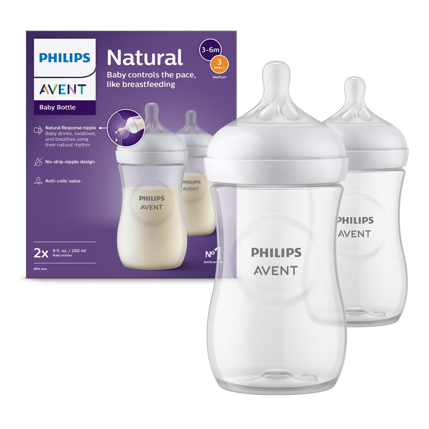 Philips Avent Natural Response Baby Feeding Bottle  260Ml Baby Milk Bottle Pack Of 2 | Bpa Free For Babies 1 Month+ Teat | (Mod