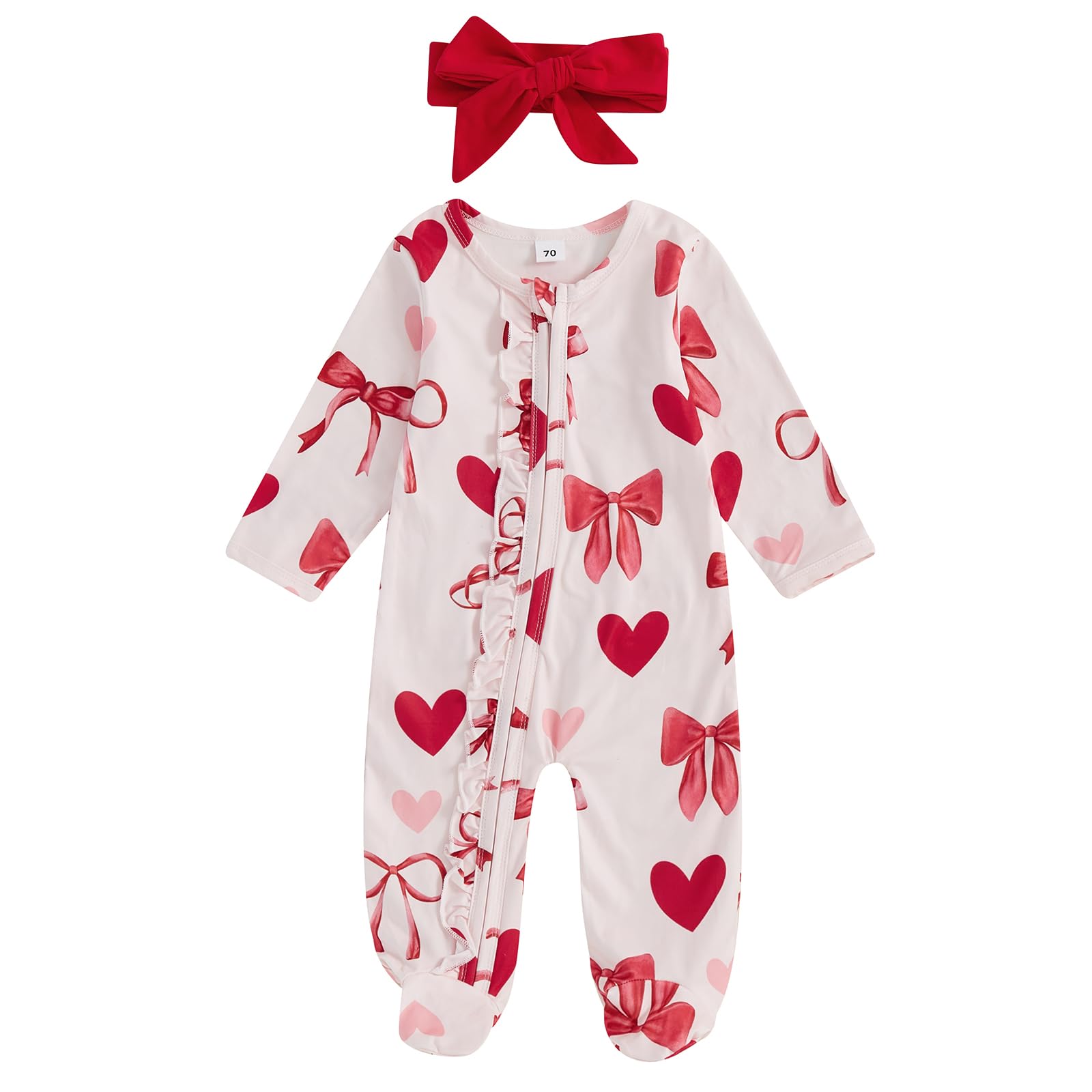 Ayalinggo Valentines Baby Girl Outfit Bowknot Heart Footie Romper Long Sleeve Onesie Newborn Valentines Day Clothes (Valentines