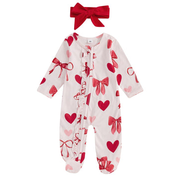 Ayalinggo Valentines Baby Girl Outfit Bowknot Heart Footie Romper Long Sleeve Onesie Newborn Valentines Day Clothes (Valentines