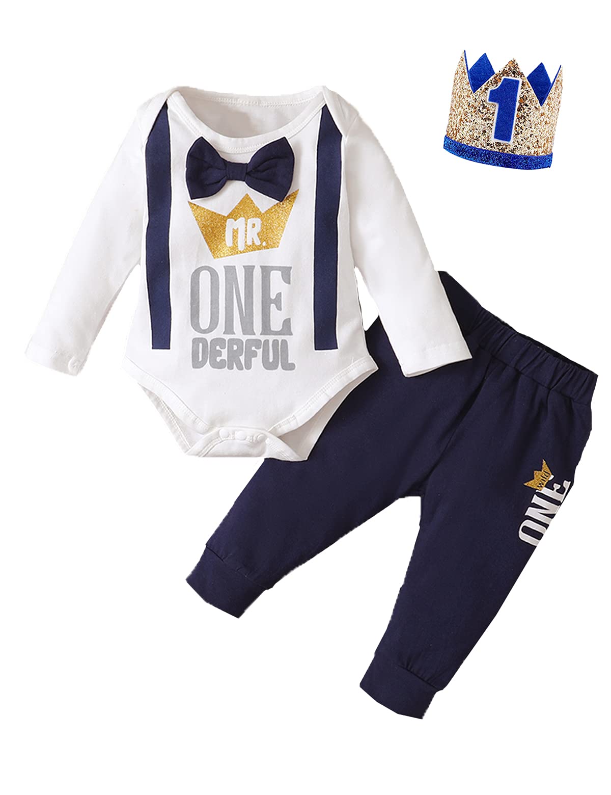1St Birthday Outfit Boy Mr Onederful Birthday Outfit Baby Boy First Birthday Clothes (White,12-18 Months)