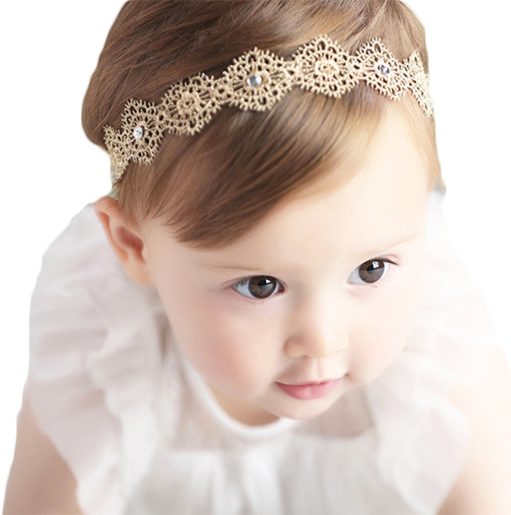 Danmy Baby Girl Super Elastic Headband,Cotton Lace Toddler Hair Band,Infant Soft Turban Hair Accessories Set (Gold 1Pcs)