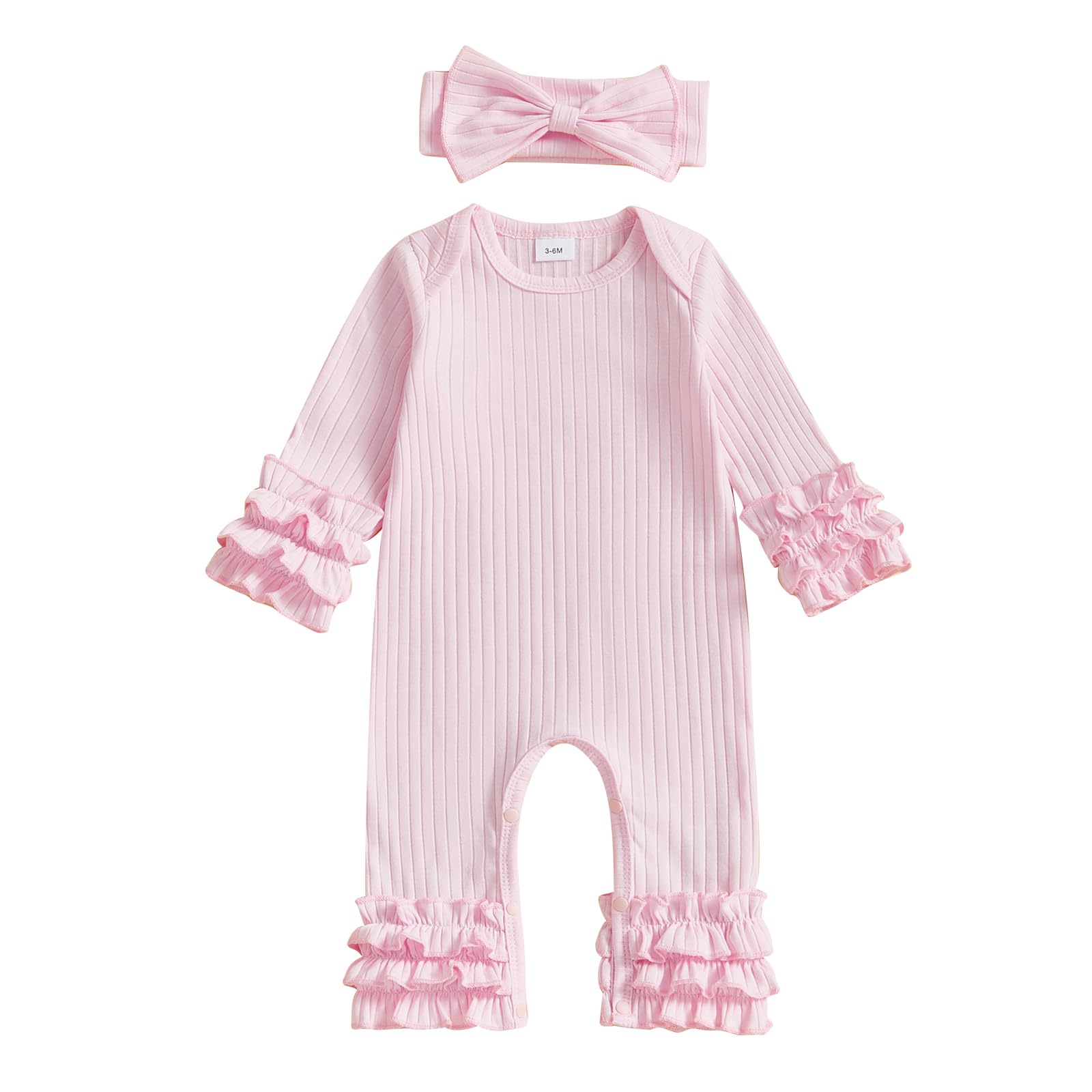 Fiomva Baby Girl Fall Outfits Newborn Ribbed Knit Romper Coming Home Outfit Infant Ruffle Jumpsuit Valentines Clothes (D Ribbed