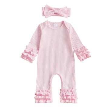 Fiomva Baby Girl Fall Outfits Newborn Ribbed Knit Romper Coming Home Outfit Infant Ruffle Jumpsuit Valentines Clothes (D Ribbed