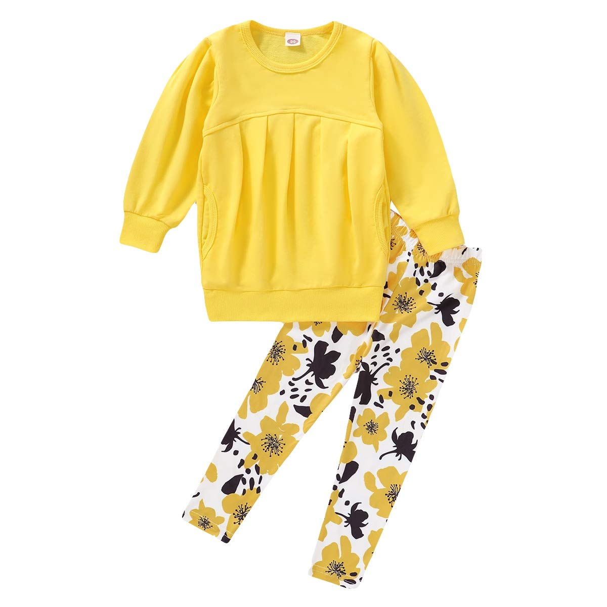 Cm C&M Wodro Toddler Girls Clothes Winter Warm Long Sleeve Tops+Long Pants Set (Yellow+Flower, 4-5T)