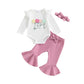 Douhoow Fall Baby Girl Clothes Crochet Flower Embroidery Baby Girl Romper Flared Pants Headband Infant Girl Festival Outfits (Wh