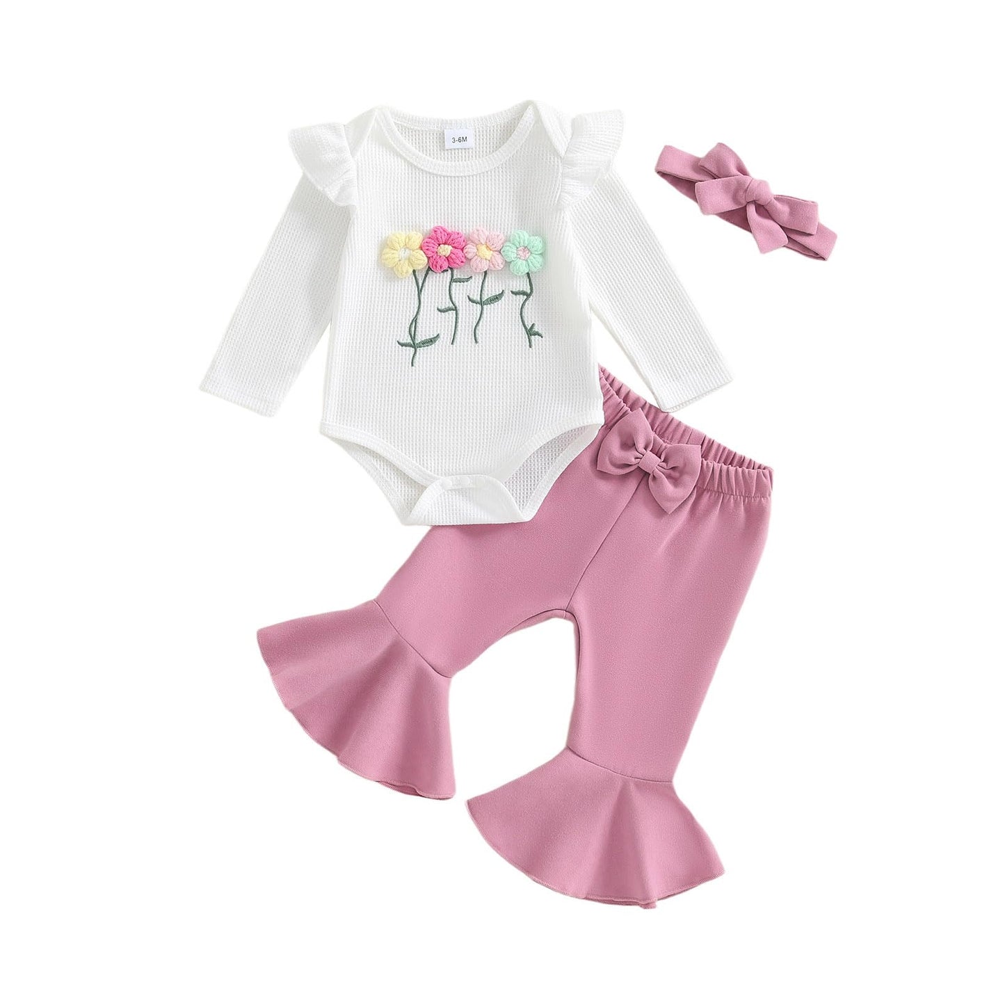 Douhoow Fall Baby Girl Clothes Crochet Flower Embroidery Baby Girl Romper Flared Pants Headband Infant Girl Festival Outfits (Wh