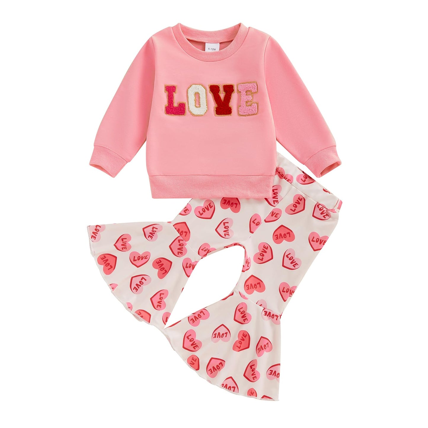 Engofs Toddler Baby Girl Valentines Day Outfit Long Sleeve Letter Print Sweatshirt Flared Pants Set (V2 Pink Love, 6-12 Months)