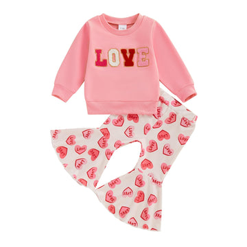 Yokjzjd Toddler Baby Girl Valentines Day Outfit Love Sweatshirt Long Sleeve T-Shirt Tops Bell Bottom Pants Set Fall Clothes (Pin