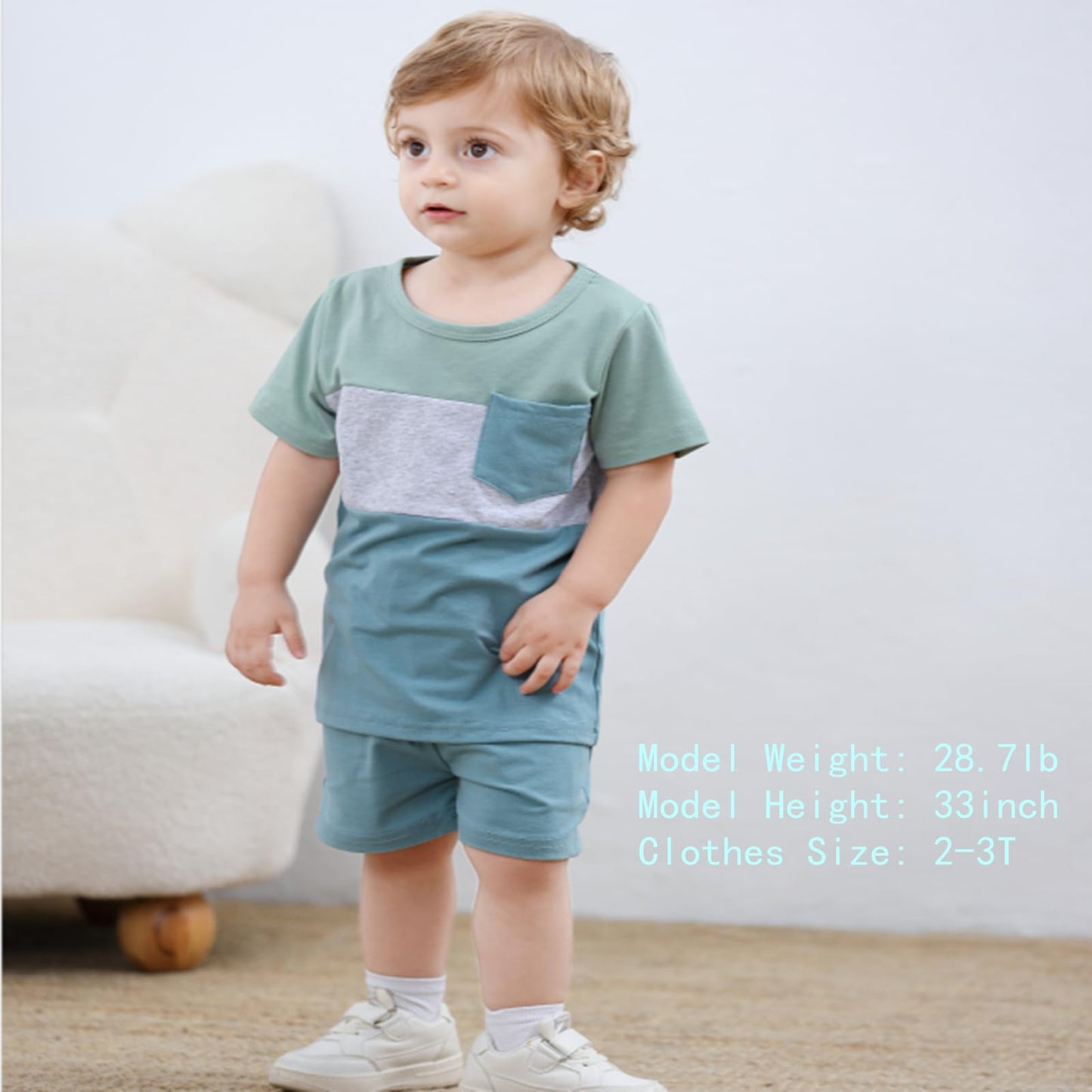 12-18 Month Boy Clothes Toddler Boys Summer Outfits Short Sleeve Patchwork T-Shirt & Solid Shorts Clothing Set 2 Piece, Light Bl