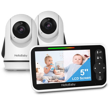 Hellobaby Video Baby Monitor With 2 Cameras And 5 Inch Split Screen Display, Remote Control Cameras With Night Vision And Tempra