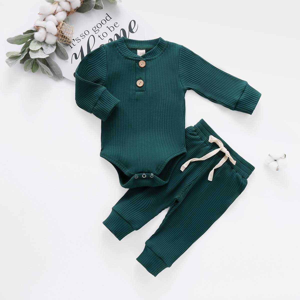 Baby Newborn Girls Boys Long Sleeve Clothes Striped Romper & Pants Set Infant Fall Winter Cotton Outfits (B-Green, 12-18 Months)