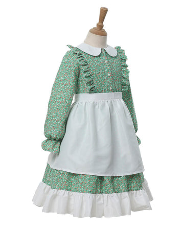Nuoqi Prairie Dresses For Girls Pioneer Girl Laura Ingalls Wilder Costume With Apron 6-7 Green
