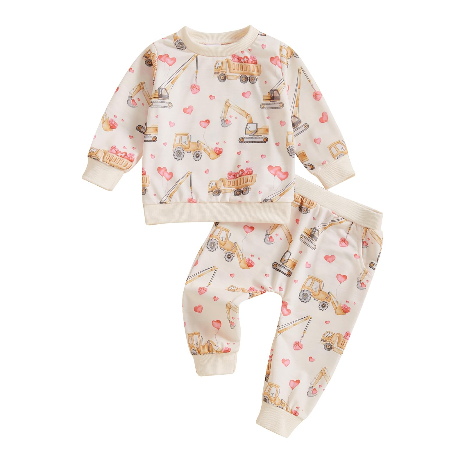 Lenjindjer Toddler Baby Boy Valentines Day Outfits Truck Heart Print Long Sleeve Tops Sweatpants 2Pcs Spring Farm Clothes Set (R