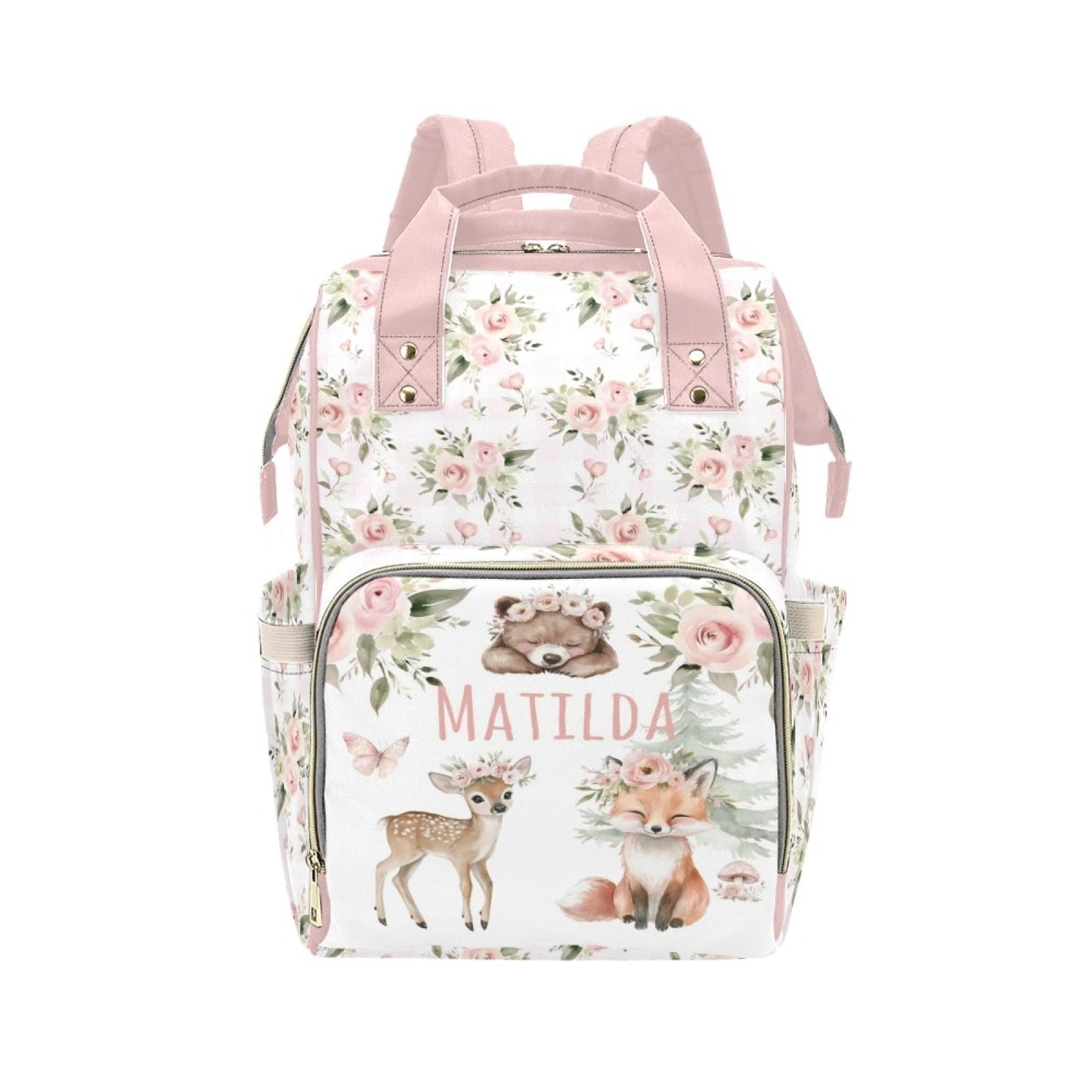 Workvalor Custom Floral Animals Baby Diaper Bag with Name - Personalized Nursing Travel Tote Backpack for Mom or Dad, Custom Nam