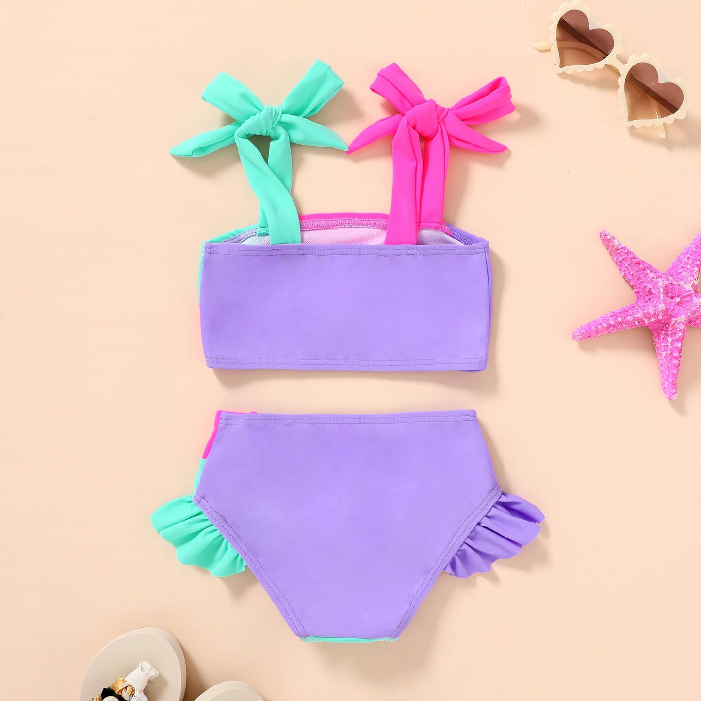 Younger Tree Toddler Girls Two Pieces Swimsuit Color Block Stripe Swimwear Summer Beach Bathing Suit 18M-5T(Purple#Green 18-24 M