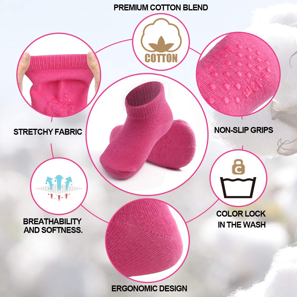 Jakidar 12 Pair Baby Toddler Socks Non-Slip Grip Cotton Ankle Socks For Boys Girls Non Skid Soles For Infants Kids, Pink White,6