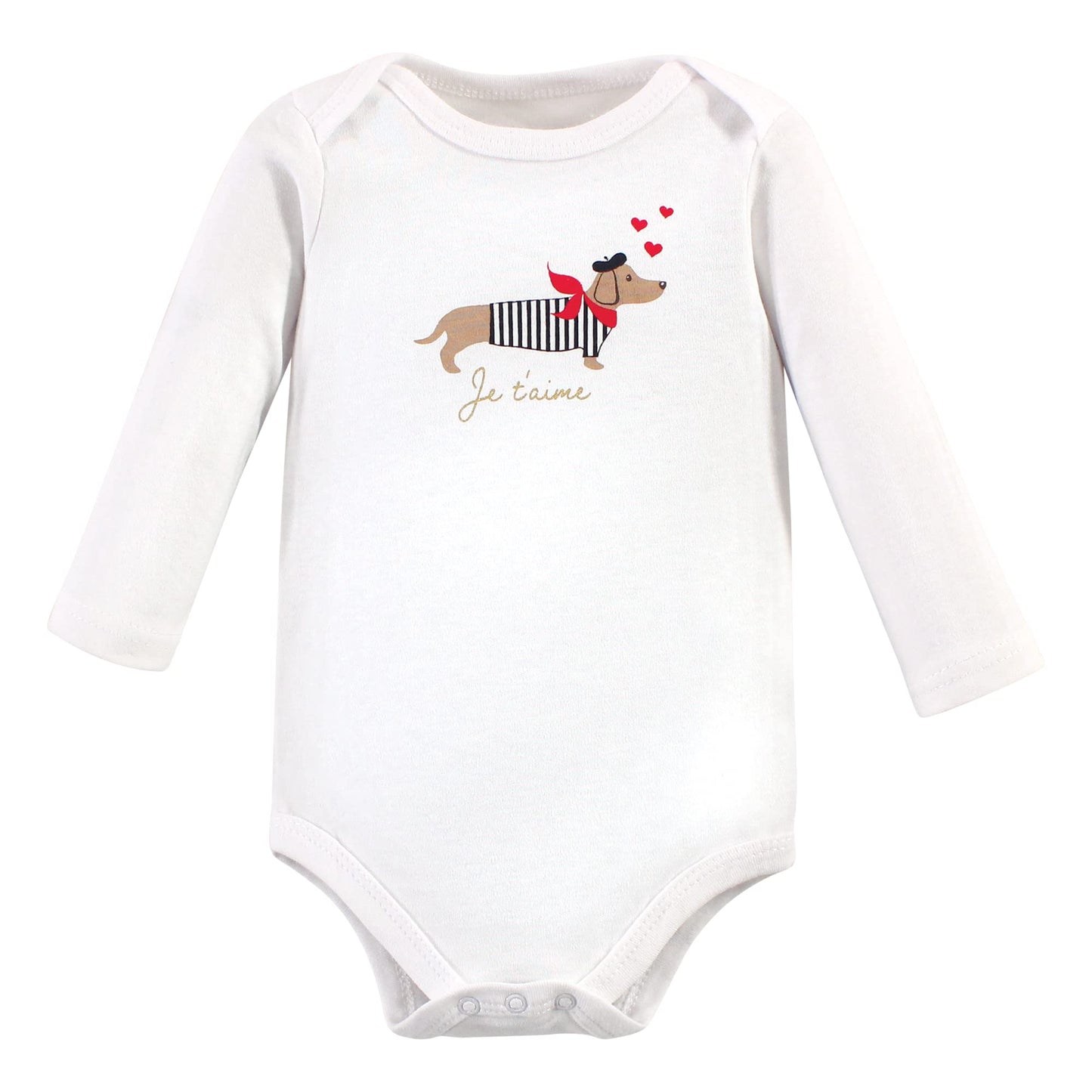 Hudson Baby Unisex Baby Cotton Long-Sleeve Bodysuits, Bonjour Dachshund, 0-3 Months
