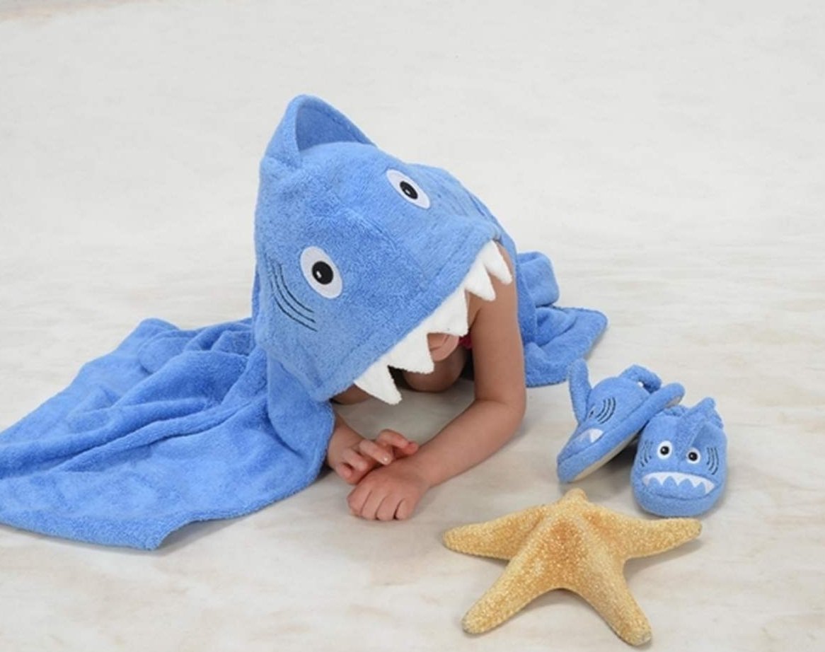 Yikes Twins Hooded Baby Towel For Kids 2-8 | Large 100% Cotton Baby Shark Towel For Boys Or Girls In Blue | Unisex Cute Shark Ba