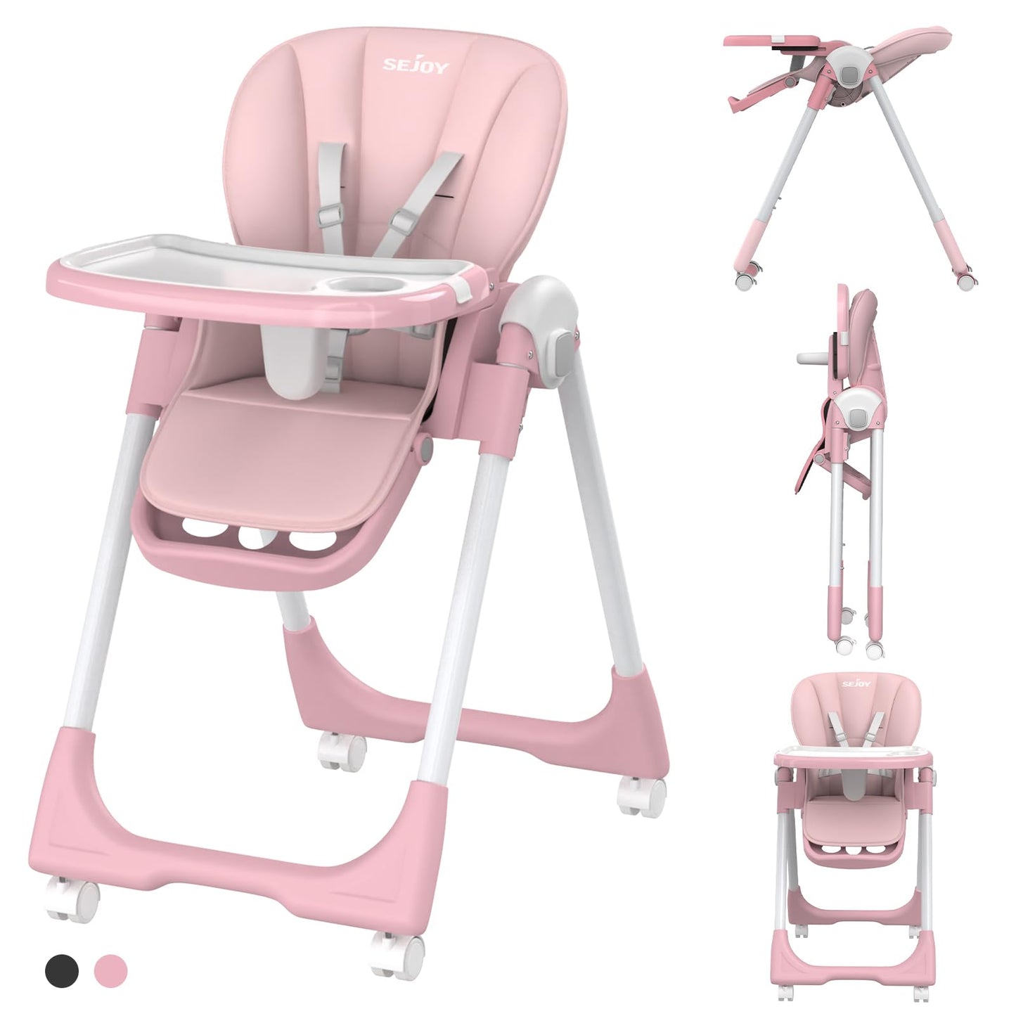 Baby High Chair with 4 Wheels for Babies & Toddlers,for 6 Months-6 Years,Up to 110 LBs/50kg,Removable Dishwasher Meal Tray,Adjus