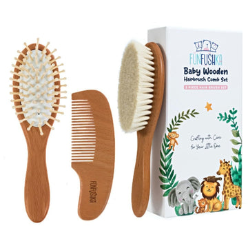 Baby Wooden Hair Brush and Comb Set for Newborn Toddler - Natural HairBrush with Soft Goat Bristle for Girl and Boy, Perfect for