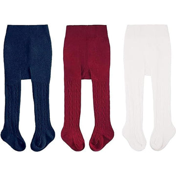 Cozyway Cable Knit Cotton Leggings/Tights For Baby Girls, 3 Pack, White/Navy Blue/Burgundy, 0-6 Months Old