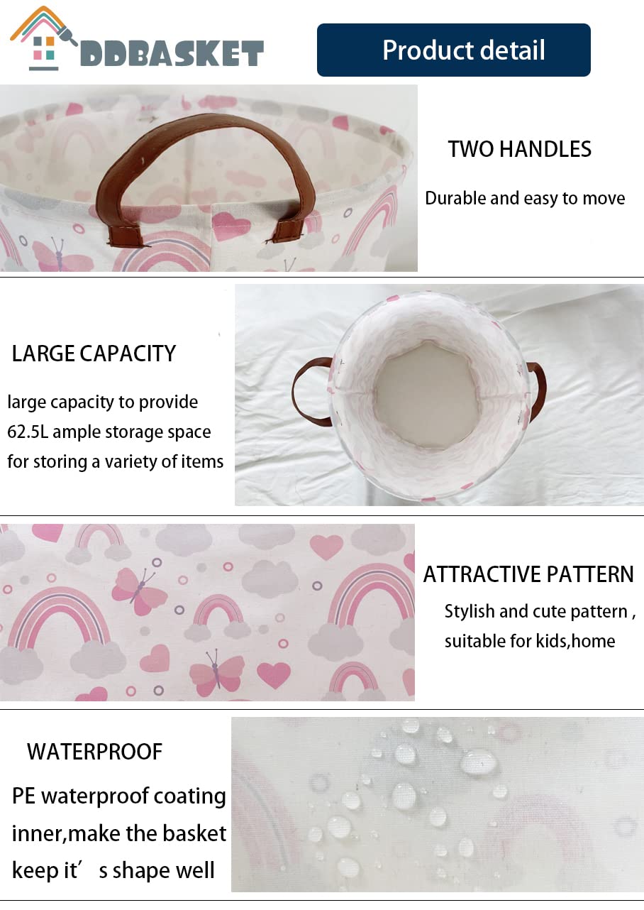Ddbasket Pink Laundry Basket Girls Hamper Clothes Collapsible Toy Storage Bin Organizer With Handles For Kids, Baby,Nursery Hamp