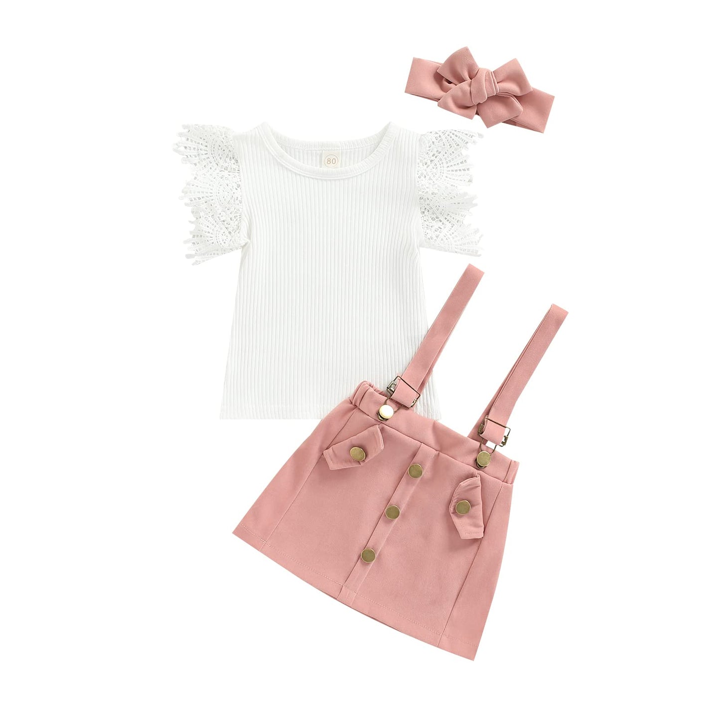 Madjtlqy Infant Girls Summer 3Pcs Outfit Sets Ruffle Short Sleeve Ribbed Romper + Suspender Skirt + Headband (B-Pink, 3-4T)