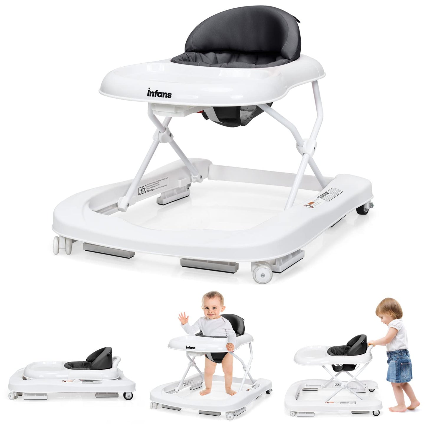 INFANS Foldable Baby Walker, 3 in 1 Toddler Walker Learning-Seated Walk-Behind for Boys and Girls, Adjustable Speed Rear Wheels,