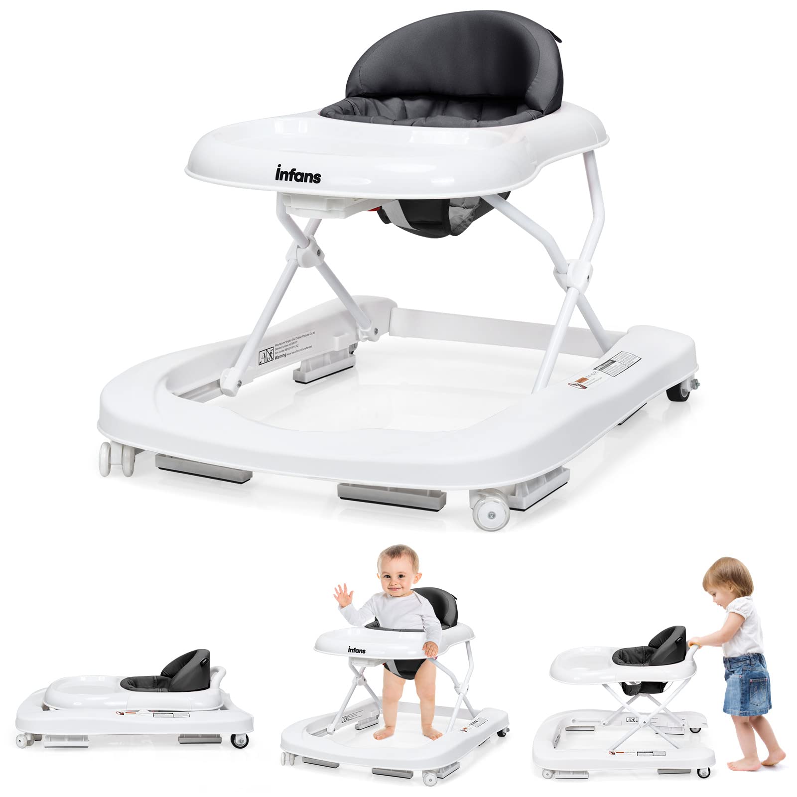 INFANS Foldable Baby Walker, 3 in 1 Toddler Walker Learning-Seated Walk-Behind for Boys and Girls, Adjustable Speed Rear Wheels,