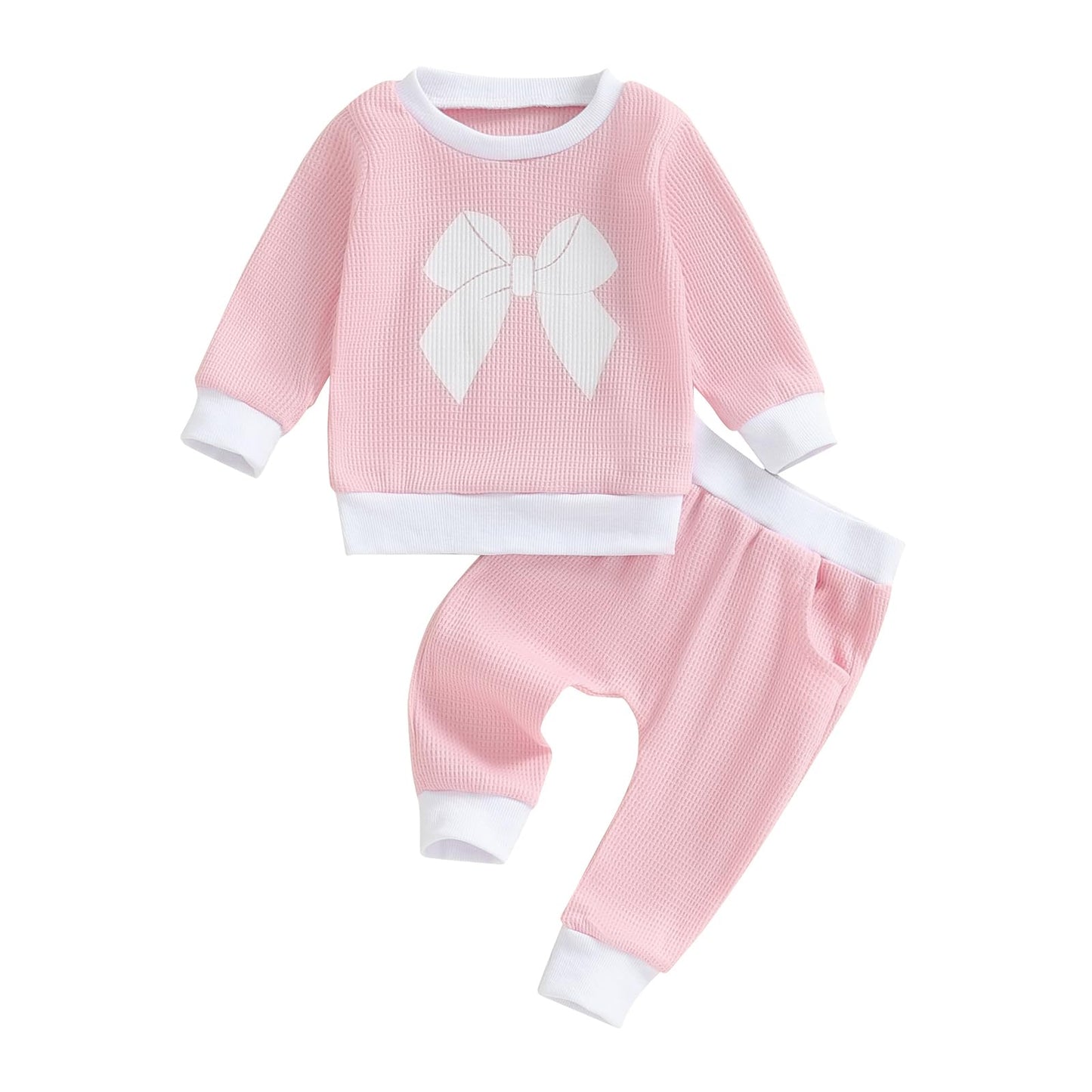 Kupretty Toddler Baby Girl Valentines Day Outfits Heart Waffle Knit Sweatshirts And Pants Set Fall Winter Spring Clothes (Light