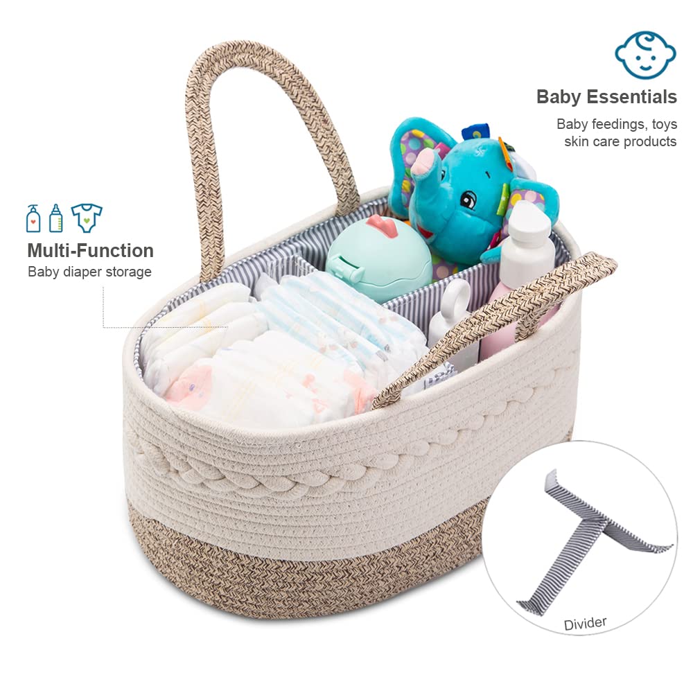 Yeayee Baby Diaper Caddy Organizer, Portable Nursery Storage Basket With Changeable Compartments, 100% Cotton Woven Rope Baskets