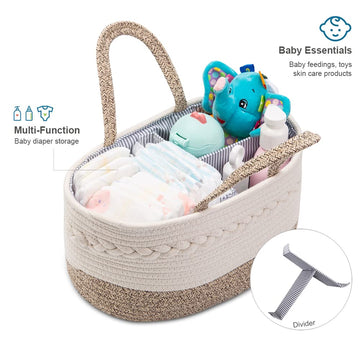 Yeayee Baby Diaper Caddy Organizer, Portable Nursery Storage Basket With Changeable Compartments, 100% Cotton Woven Rope Baskets