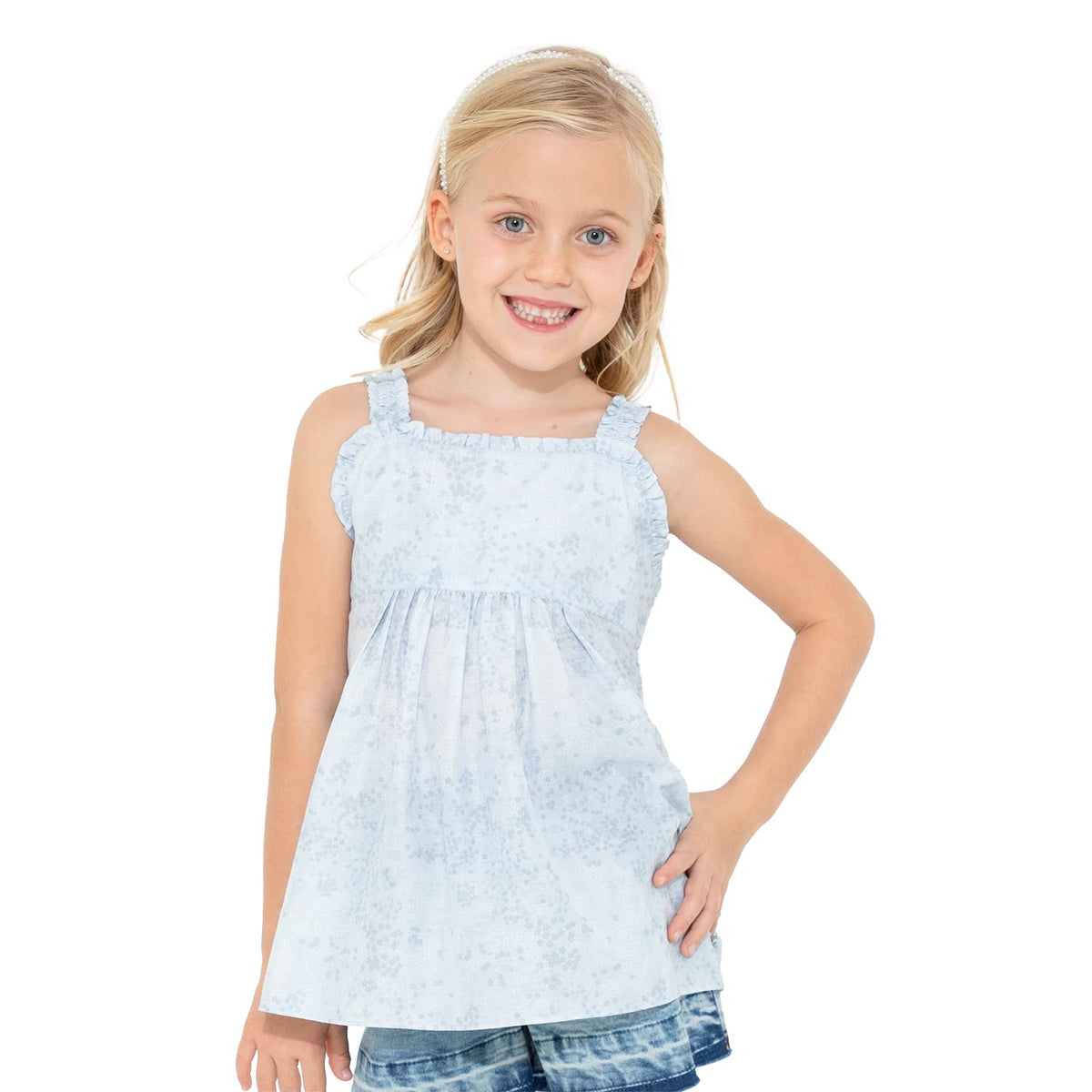 Cherry Crumble Sky Blue Digital Printed 100% Cotton Sleeveless Square Neck Casual Wear Regular Fit Summer Top For Girls